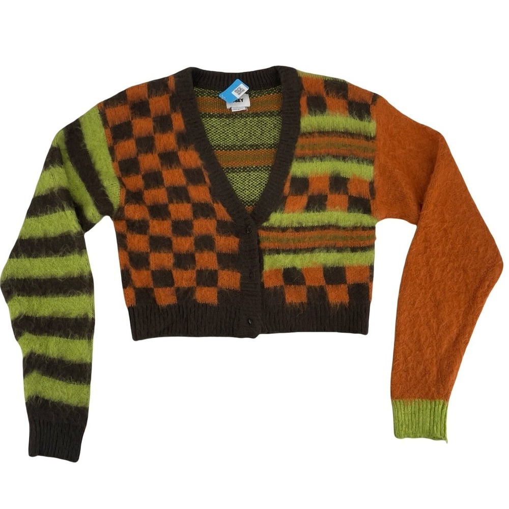 Obey Women's Cardigan Mixed Pattern Fuzzy Multi Small